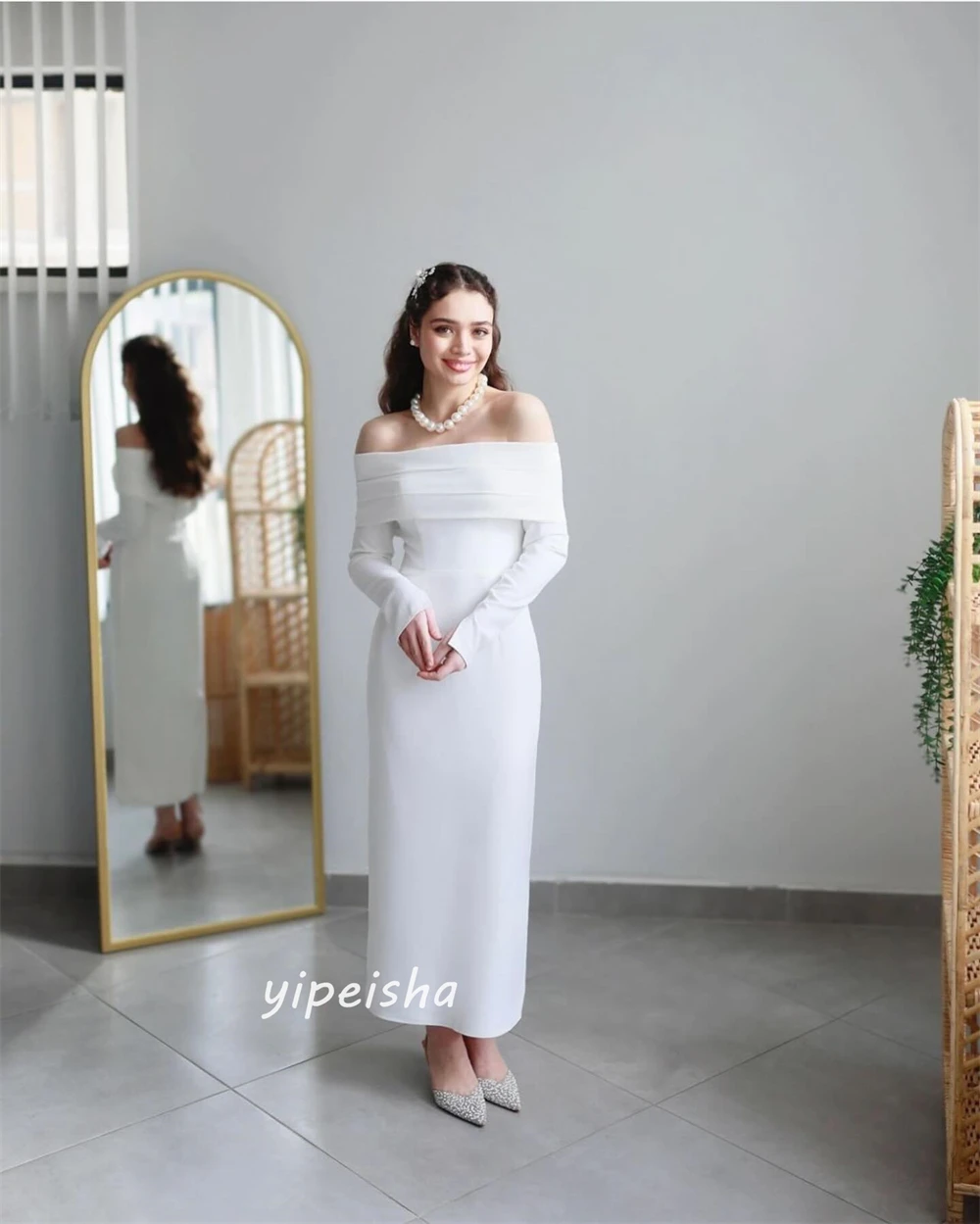 Customized Jiayigong s Pleat Wedding Party A-line Off-the-shoulder Bespoke Occasion  Ankle-Length