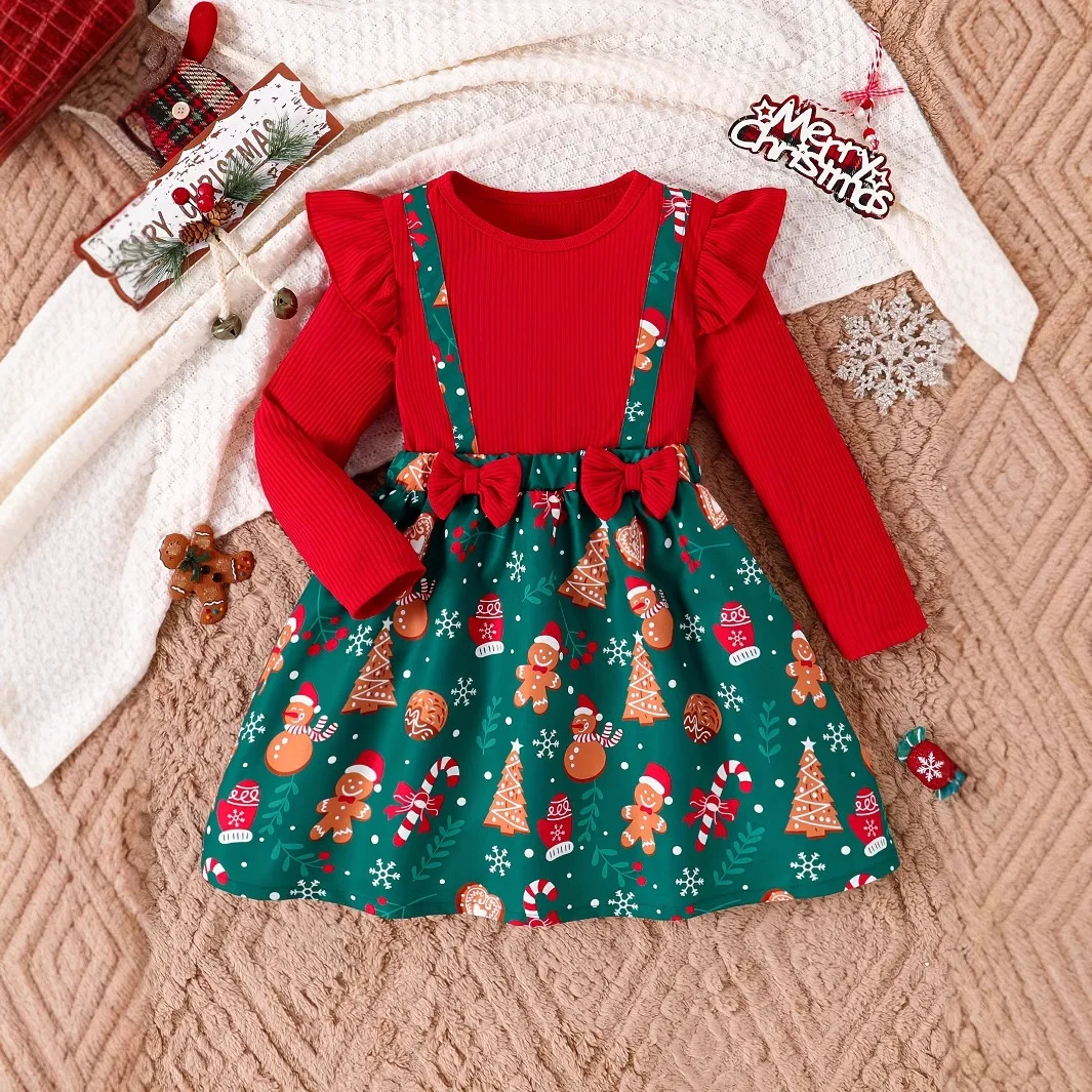 

Рождественское платье для девочек, красное лоскутное платье с бантиками, новогоднее платье с принтом пряничного человечка для девочек, детское рождественское платье принцессы для девочек