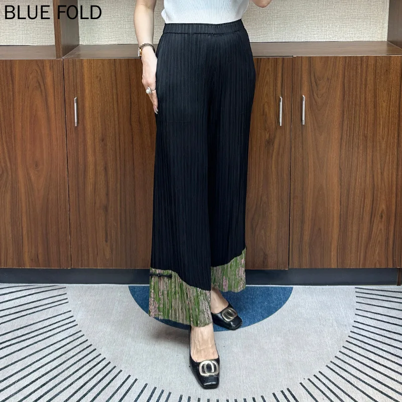 MIYAKE-Pleated Wide Leg Pants for Women, Fashionable Casual Pants, Striped Straight Leg, Loose Style, Summer