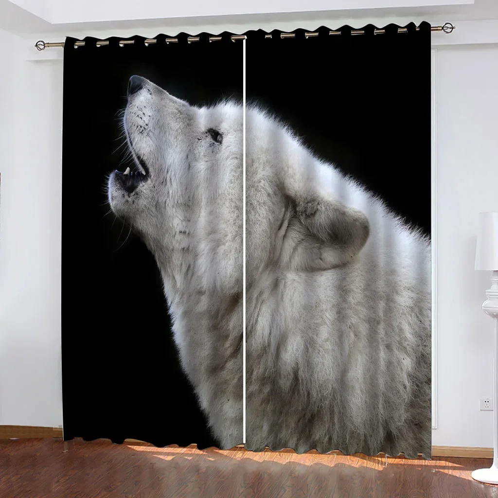 

HUANZHUANG Curtains For Living Room White Animal Wolf Print Pattern Home Decor, 2 Panel Set Window Drapes For Bedroom Grommet