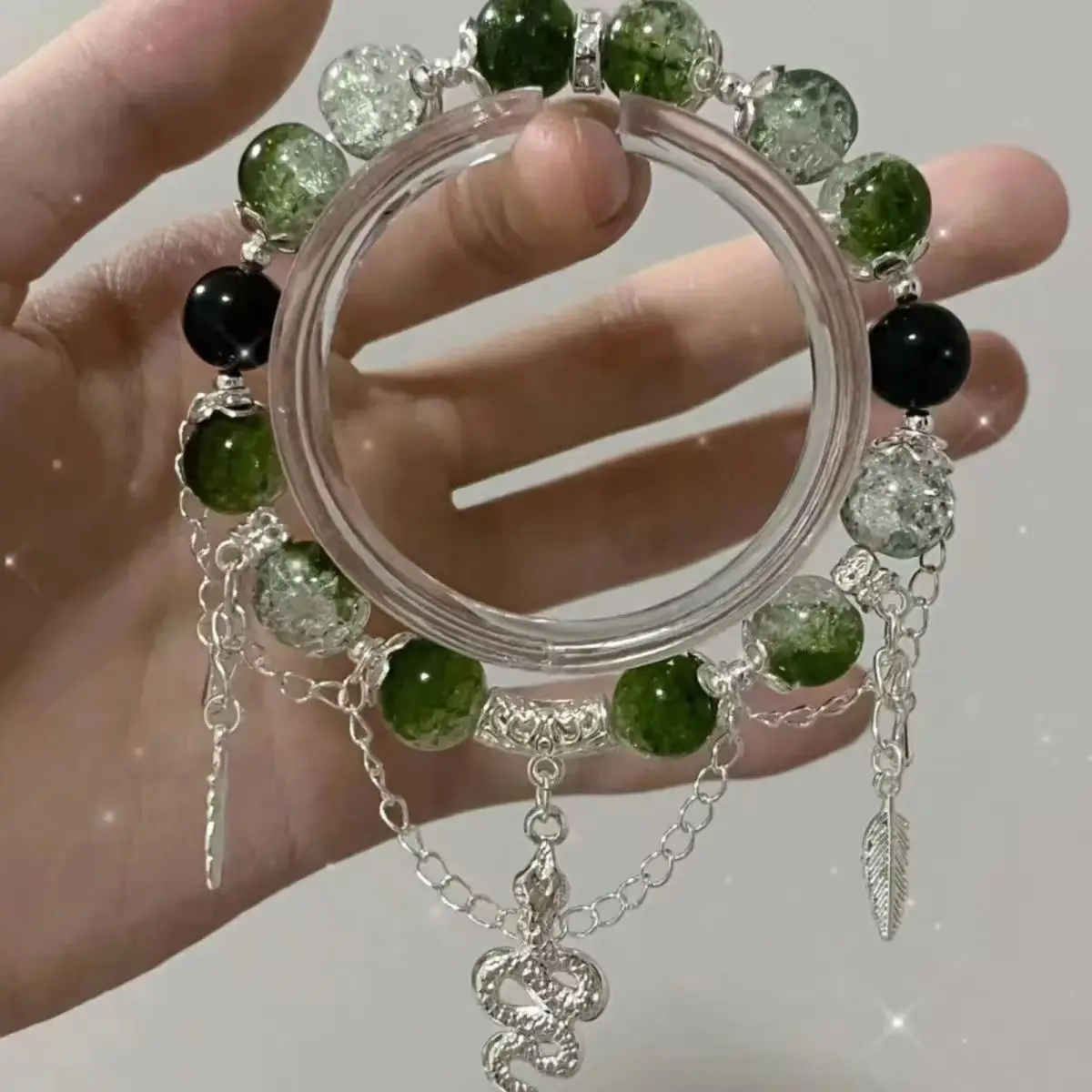 Niche Design Green Popcorn Crystal Bracelet For Women Girls Zodiac Snake Feather Tassel Chain Bracelets Party Friendship Jewelry