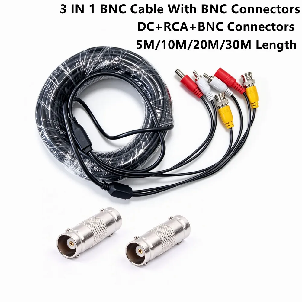 3 In 1 BNC Security Camera Cable Pure Copper Audio Video Power Wire for CCTV, DVR, Surveillance Systems With BNC Connectors