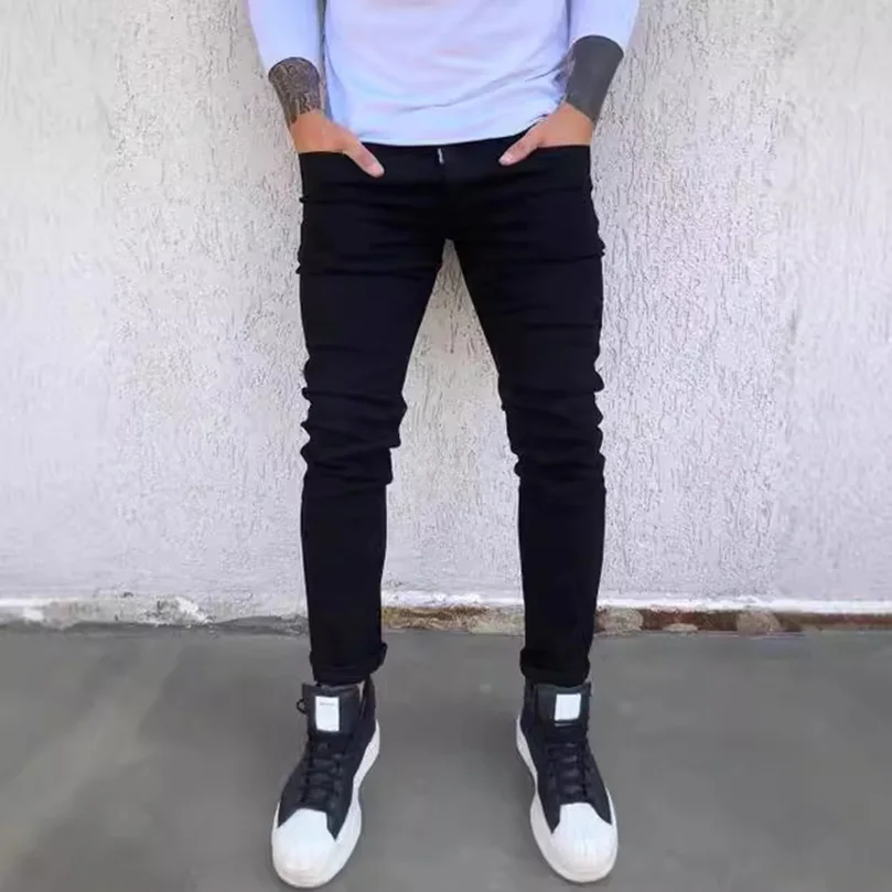 

Spring Men's Slim Fit Jeans Black Skinny Stretch Denim Pants Casual Mid Waist Trousers Youth Streetwear Plus Size Cross Border