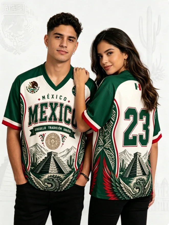 Mexican Style Football Uniform Men's and Women's Short-sleeved T-shirts with V-neck Breathable and Neutral Style Sports T-shirts