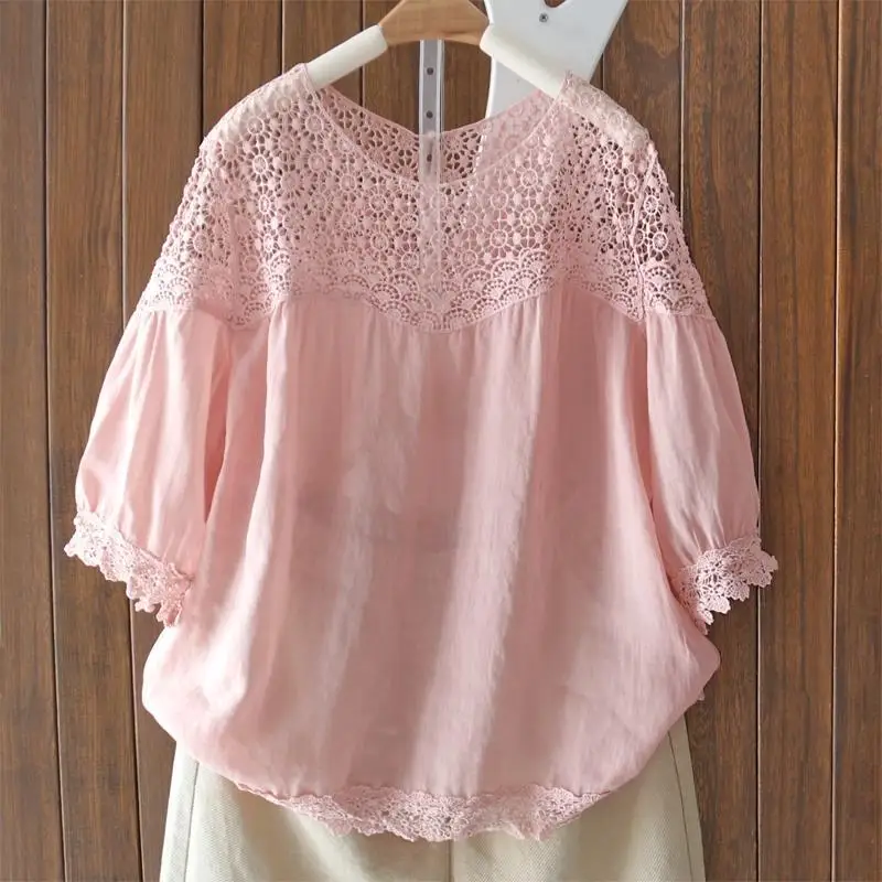 Elegant Hook Flower Hollowed Out Lace T-shirt 2024 Women Fashion Summer Solid Color Loose Fitting Casual Pullover