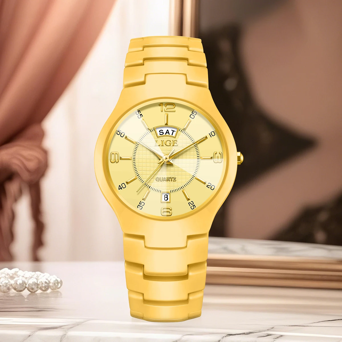 ساعات LIGE للسيدات بتقويم سيراميك مقاومة للماء ساعات يد نسائية ماسية بسيطة فستان ساعة عرض الأسبوع تاريخ كوارتز ساعة معصم