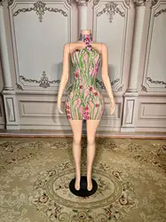 Sparking Diamonds Crystal Sexy Mesh See Through Bodycon Mini Dress Women Birthday Party Celebrate Performance Costume