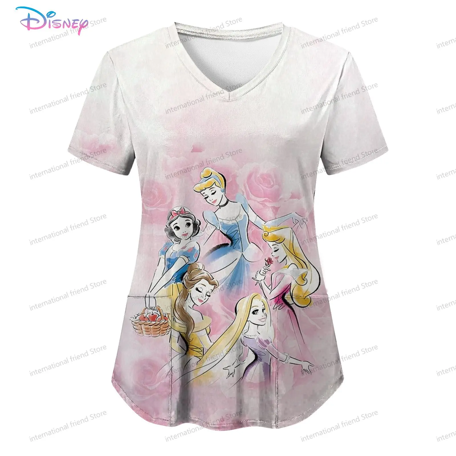 Disney Princess Pocket Women's V Neck Nurse Uniform T-Shirt Woman Clothing Summer Cheap Top New Dress S-2XL Y2k 2024 Kawaii Tops