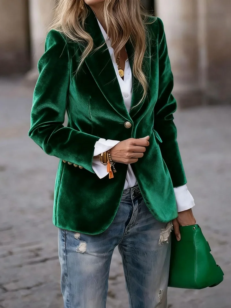 

Streetwear Solid Color Velvet Blazer Top Spring Clothing Women Long Sleeve Jacket Coat OL Style Slim Fit Blazer Coat Outerwears