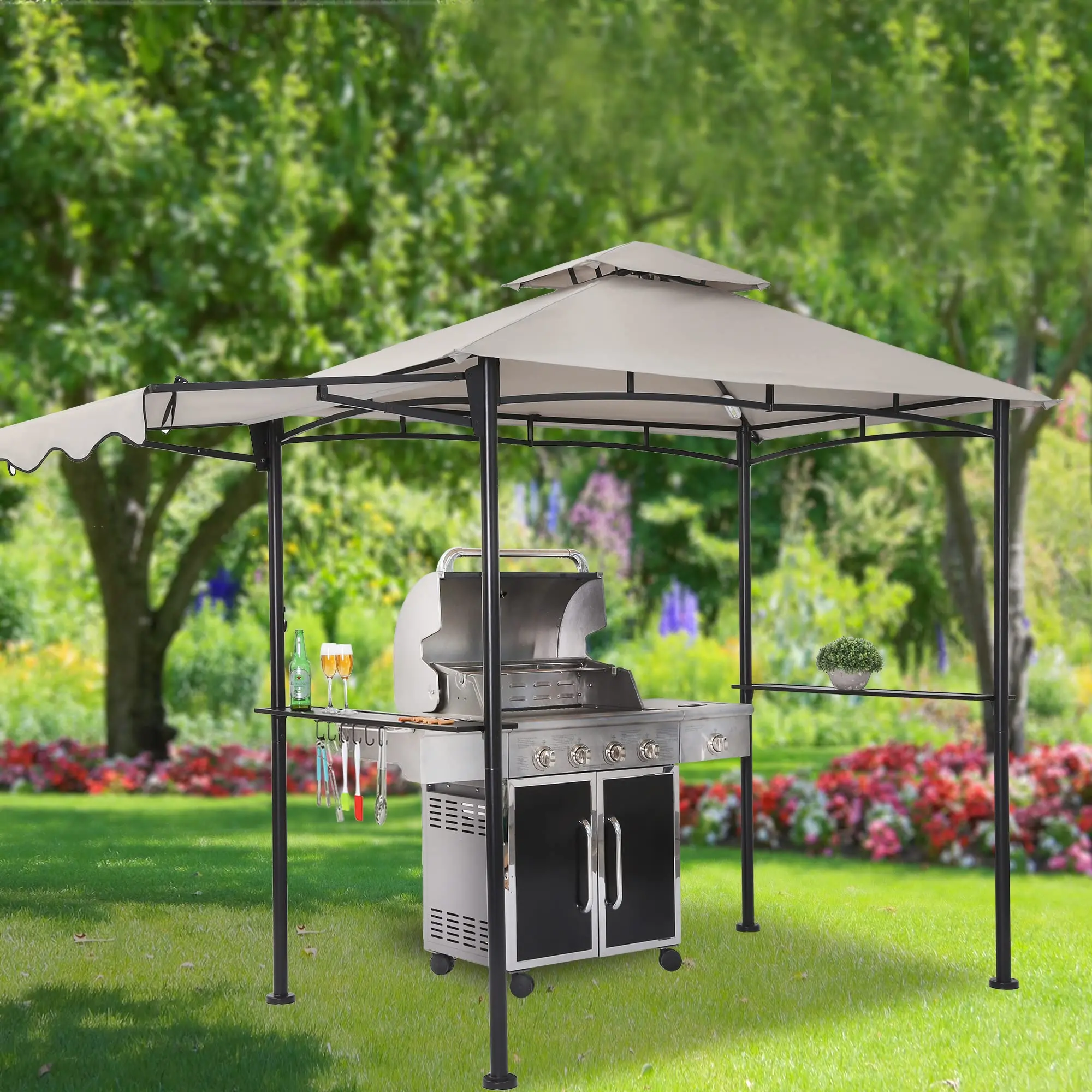 

Беседка для барбекю 5 x 8 футов с мягким навесом, двойной вентилируемой крышей, устойчивой стальной рамой и тентом