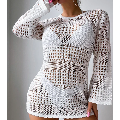 Vestido liso ahuecado con cuello redondo, ropa de playa versátil de manga larga, vestido para cubrir para primavera y verano, ropa de mujer