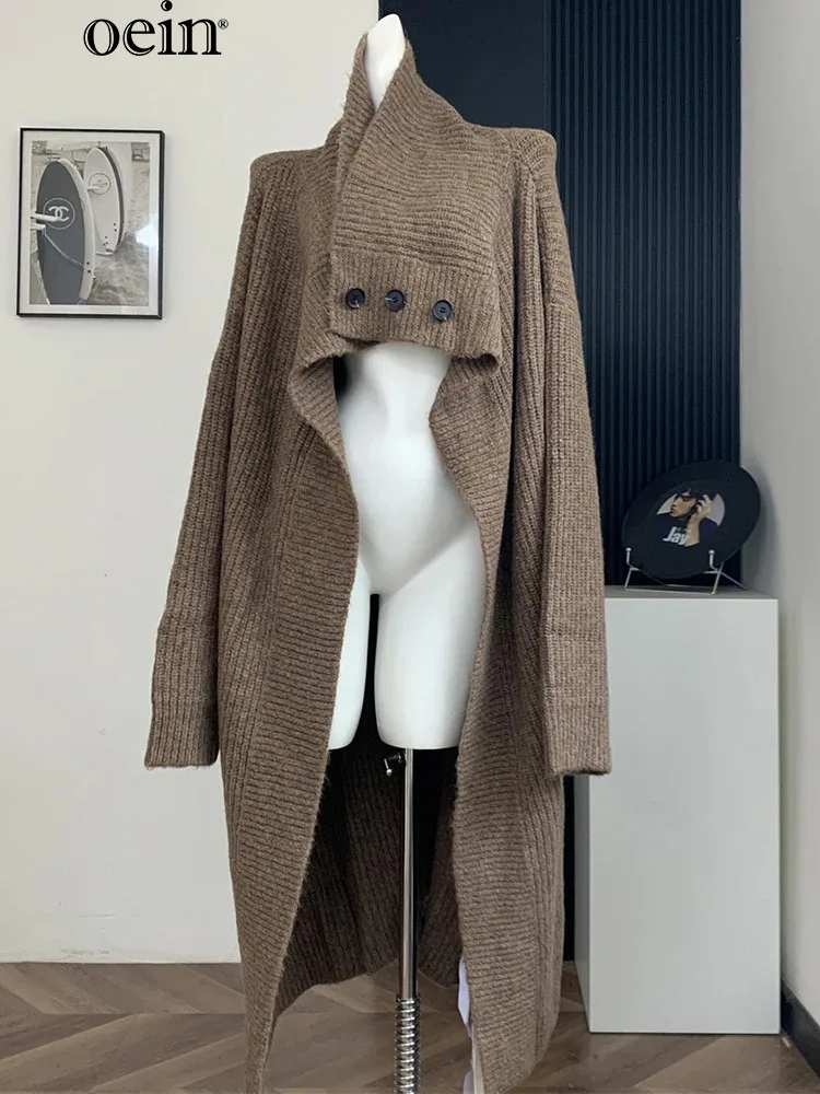 [oein] 2024 Big Collar Long Cardigan Coat Women's Winter New Lazy Style Knitted Sweater Loose Thick Sweater