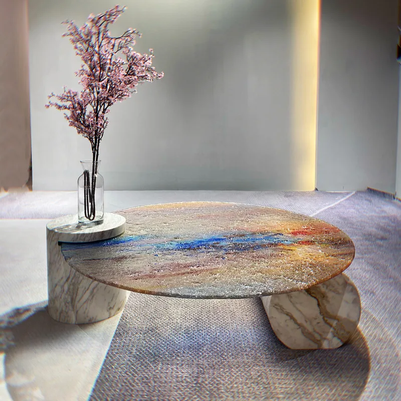 Coffee table glass marble Italian simple living room crystal round sunset pattern coffee table