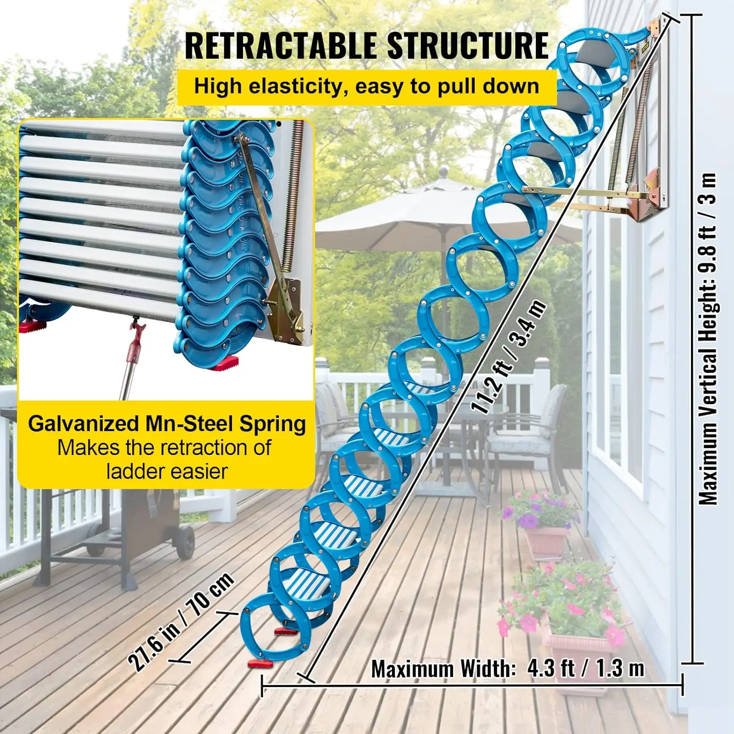 Imagem -03 - Escadas Dobráveis de Parede Pulldown Azul para Sótão Escada Retrátil com Braços 98 Pés de Altura