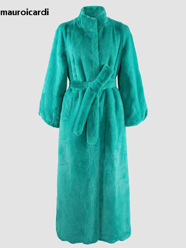Mauroicardi outono inverno quente macio fofo casaco de pele do falso feminino vieira guarnição faixas gola extra longo casaco peludo 2025