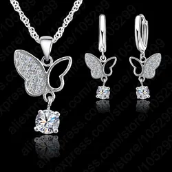 New Fashion Jewelry 925 Sterling Silver Statement Butterfly Crystal Necklace Pendand Jewelry Set Fast Shipping