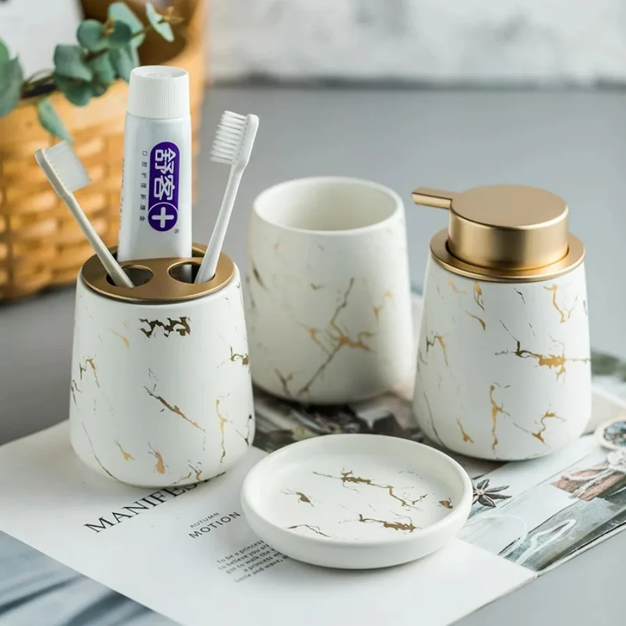 

Ceramic Toothbrush Holder Brushing Kit Mouth Cup Marble Pattern Tray Bathroom Decoration Kit Ceramic Bathroom Accessories Set