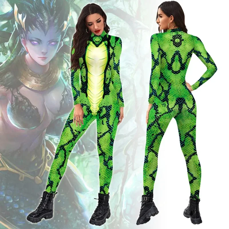 SN60 Green Snake Sexy 3D Printed Women Jumpsuit Carnival Fancy Party Cosplay Costume Bodysuit Adults Fitness Onesie Outfits1&2