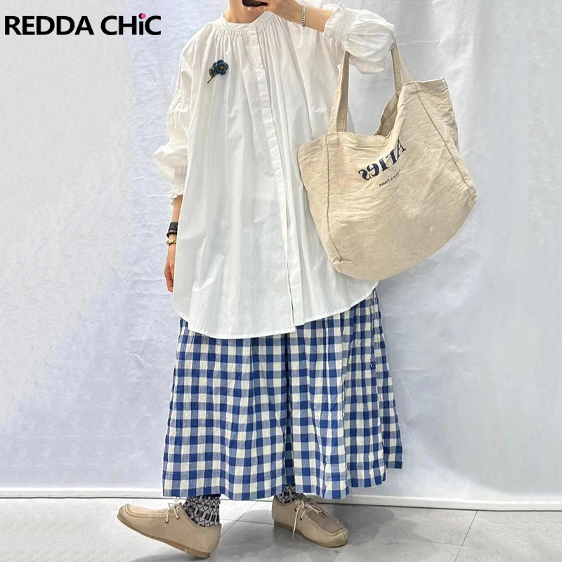 REDDACHiC Tartan Blue Women Gingham Pants Pockets Loose Casual Wide Leg Shorts Slacks Elastic Waist Baggy Jorts Vintage Clothes