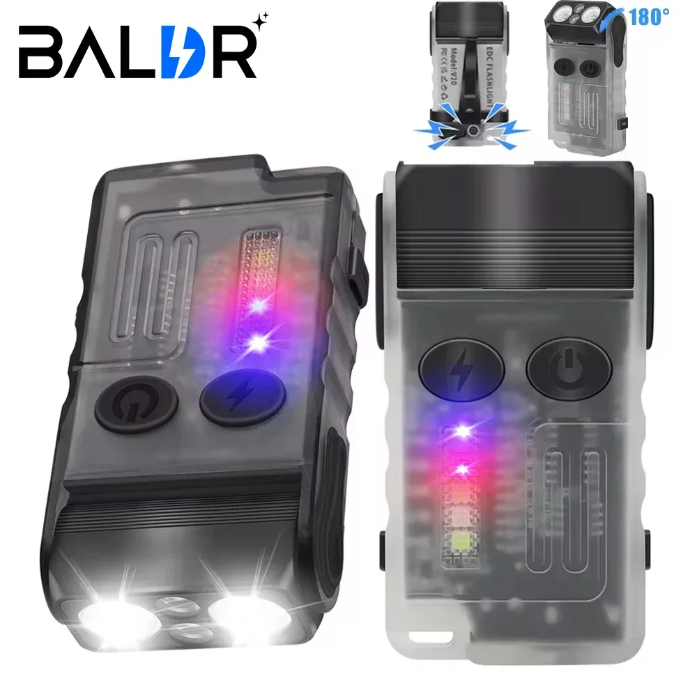 BALDR V20 180Rotation Powerful LED Flashlight Keychain USB-C Rechargeable Spotlight Camping Fishing Torch Alarm Emergency Lamp