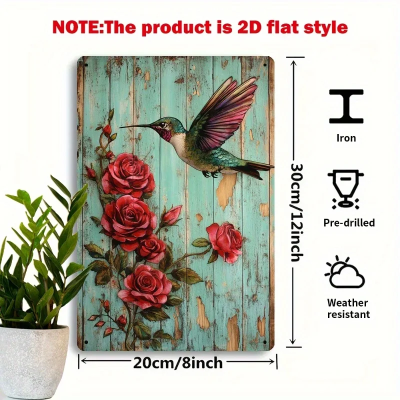 Vintage Hummingbird Rose Metal Tin Sign 20x30cm Botanical Wall Decor Iron Plaque for Bedroom Cafe