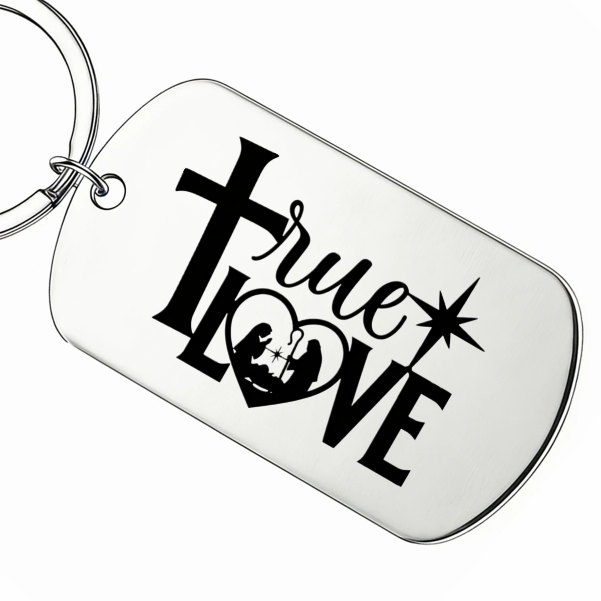 1pc Stainless Steel Laser Engraved Keychain True Love Cross Nativity Birth of Jesus Christian Religious Keyring Gift For Men Son