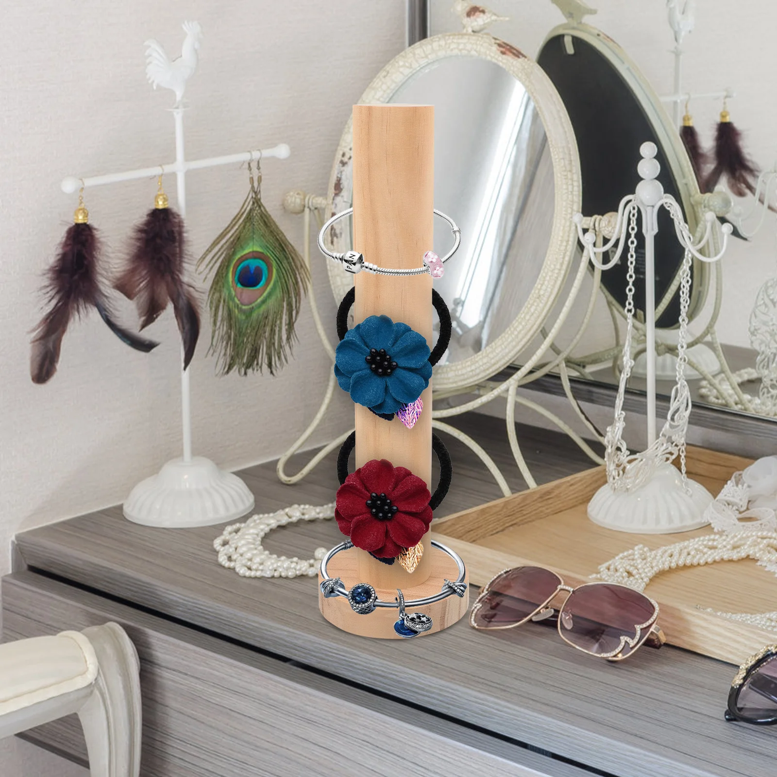 منظم إكسسوارات الشعر، حامل ربطة شعر خشبي مدمج ومتين، حامل عرض شريط مطاطي، حامل Scrunchy