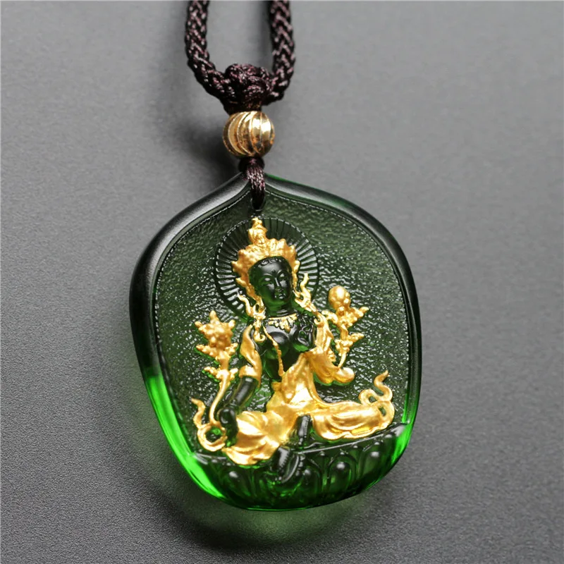 Ancient Method Coloured Glaze Green Tara Gold-plated Guanyin Pendant Keep SafeAmulet
