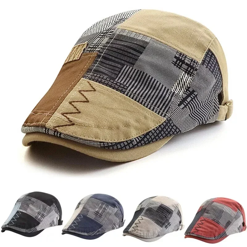 Men's Beret Patchwork Irregular Plaid Newsboy Hat Adjustable Fashion Retro Artist Painter Duckbill Visor Taxi Driver Gatsby Hat