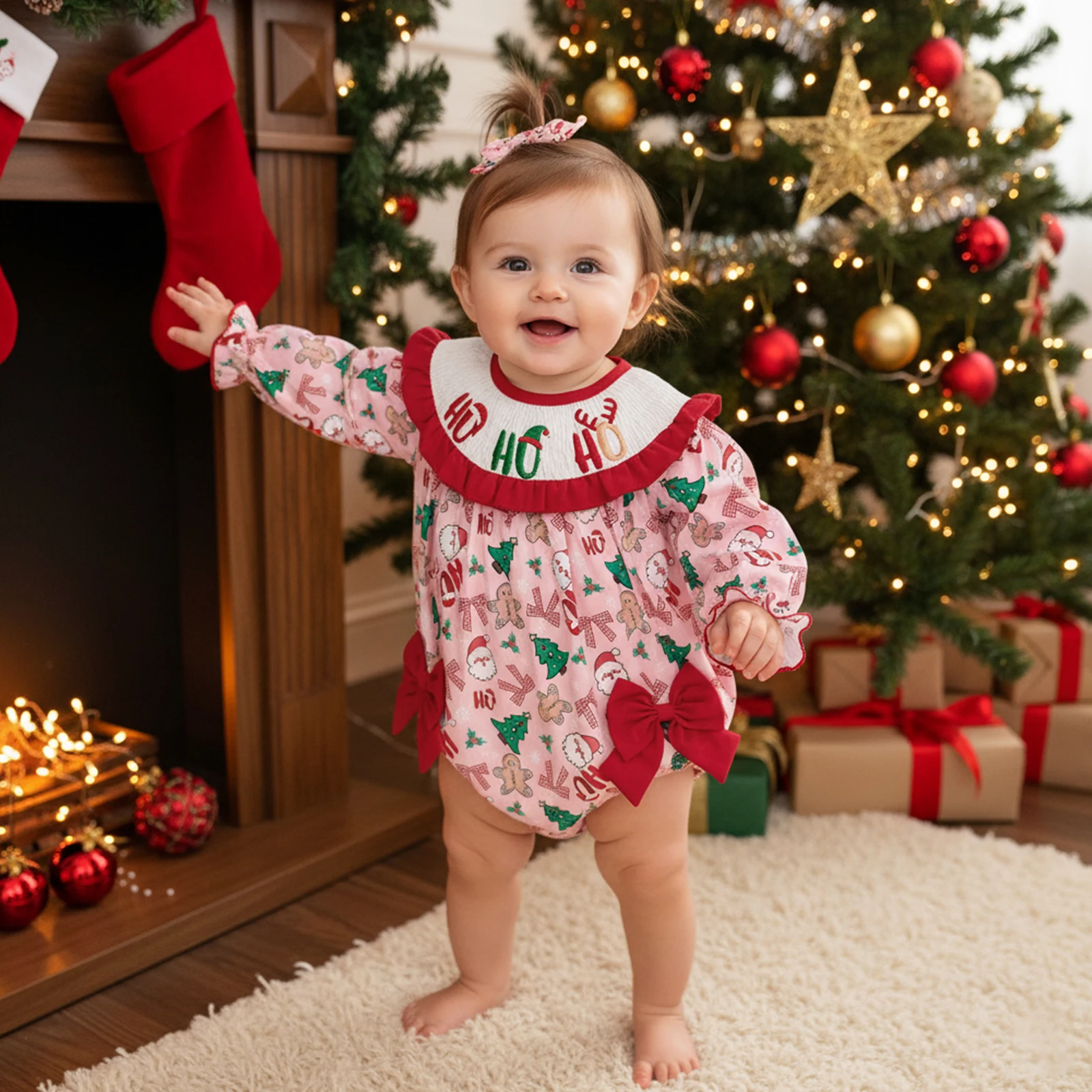 Baby Girl Bubble Romper Fashionable Christmas Tree Embroidery Smocked Long Sleeve Bodysuits Jumpsuit Clothes