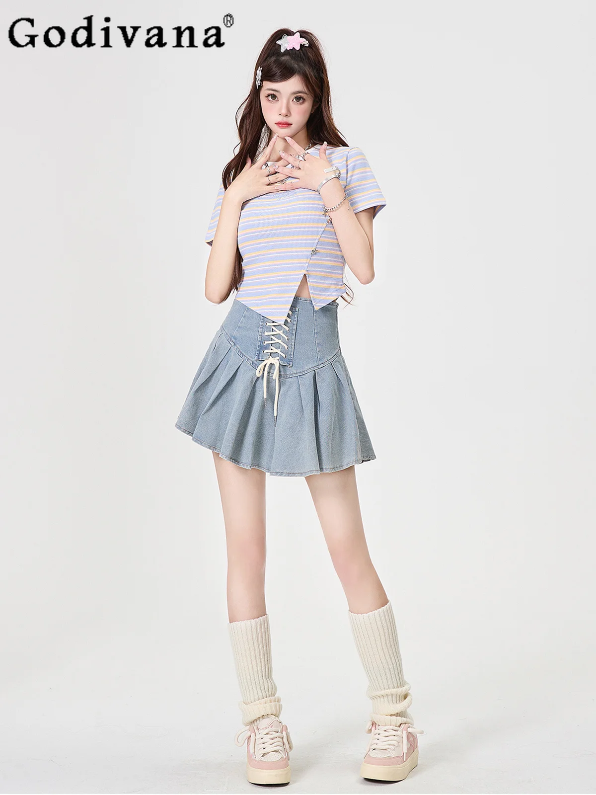 

2024 Summer Sweet High Waist Women's Denim Skirt Hot Girl Slim-Fit Fashion Bandage A- Line Pleated Skirt Student Mini Skirts