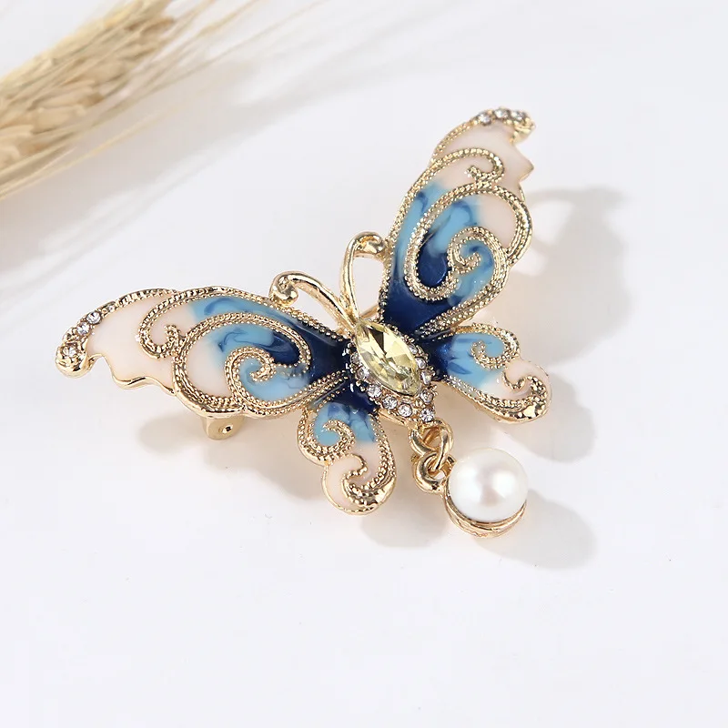 Vintage Colorful Rhinestone Butterfly Brooches Enamel Pins Crystal Flying Insect Animal Pearl Brooch Clothing Accssories Jewelry