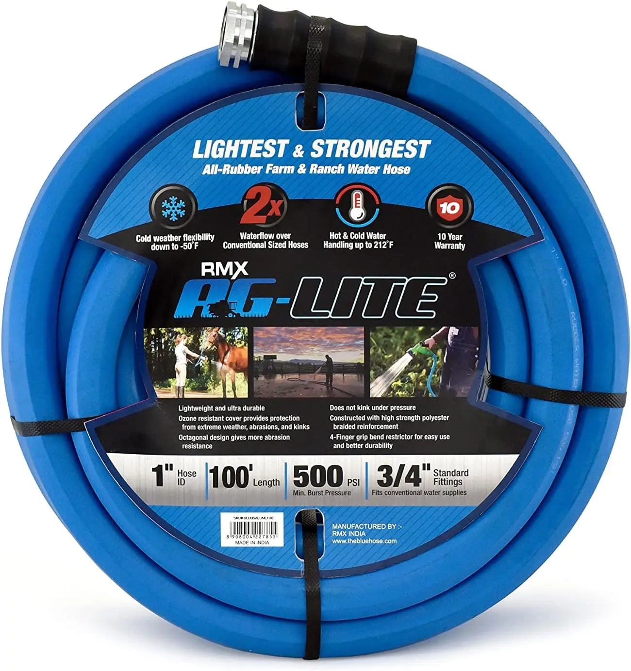 

1" x 100' Hot/Cold Water Rubber Garden Hose, 100% Rubber, Ultra-Light, Super Strong, 500 PSI, 50F to 190F Degrees, High Strength