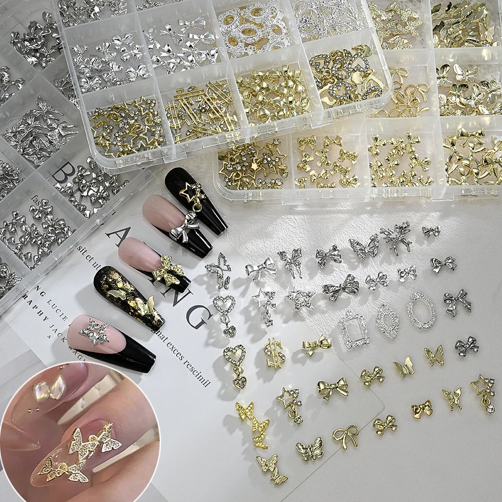 120 teile/schachtel 3D Gold Bogen Schmetterling Nagel Metall Charms Glänzende Nette Bowtie/Diamant Stern Nagel Schmuck 120 Luxus Nail art Liefert # RE4 – Detail 7