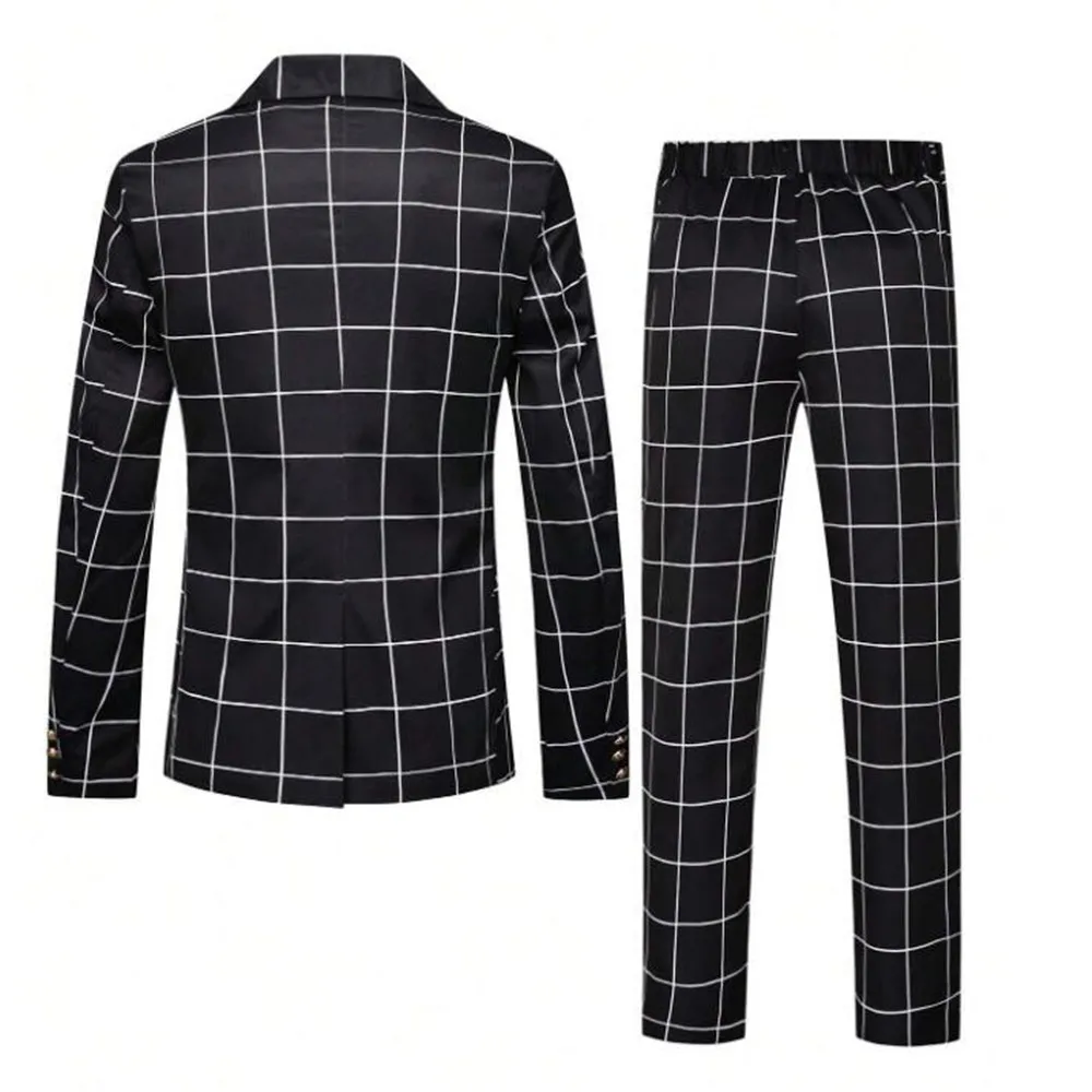 Men Black Business Plaid Check Suits Slim Fit Double Breasted Groom Tuxedos 2Pcs Sets Elegant Man Blazer traje de hombre elegant