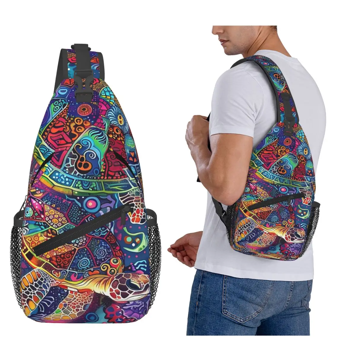 

Красочная морская черепаха, каракули, художественный принт, нагрудная сумка, мужской рюкзак через плечо, нагрудная сумка, дорожный походный рюкзак, сумка на плечо