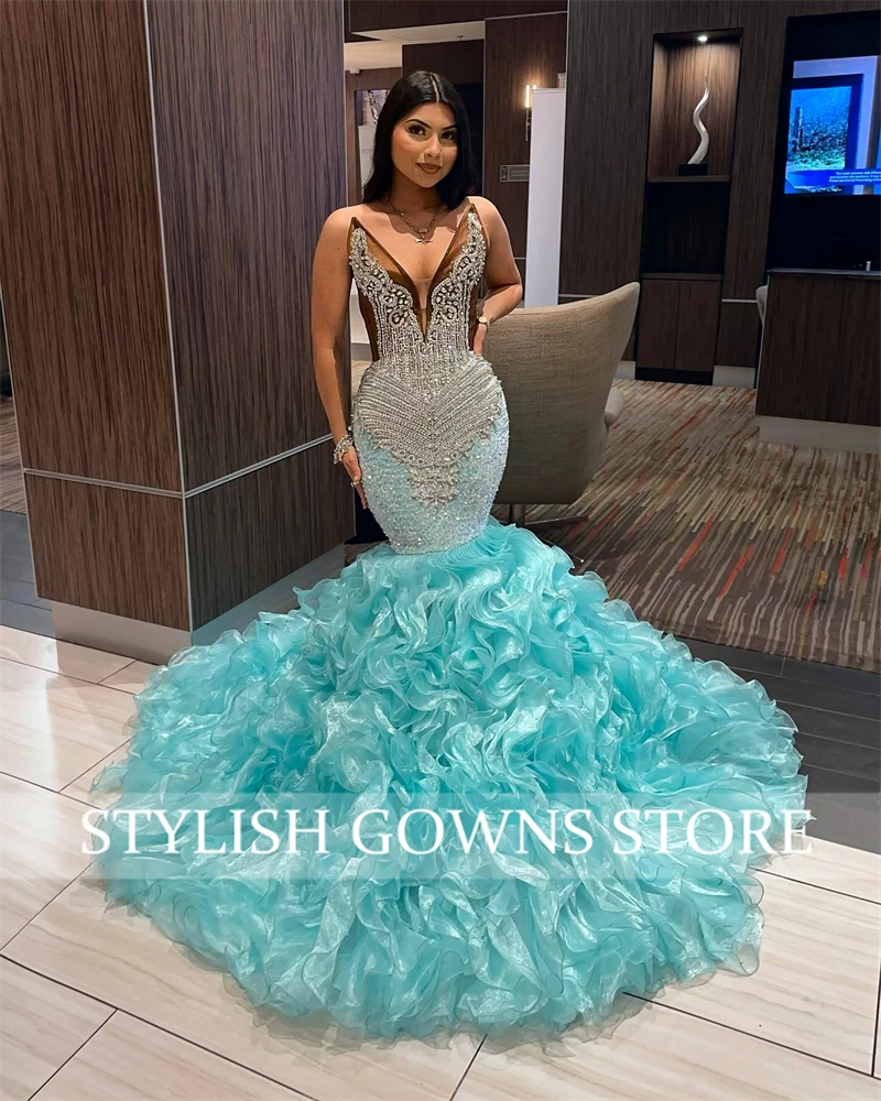 Green Long Prom Dresses Black Girls 2025 Rhinestone Bead Ruffles Birthday Pageant Party Gowns Seuqined Lace Up Back Customized