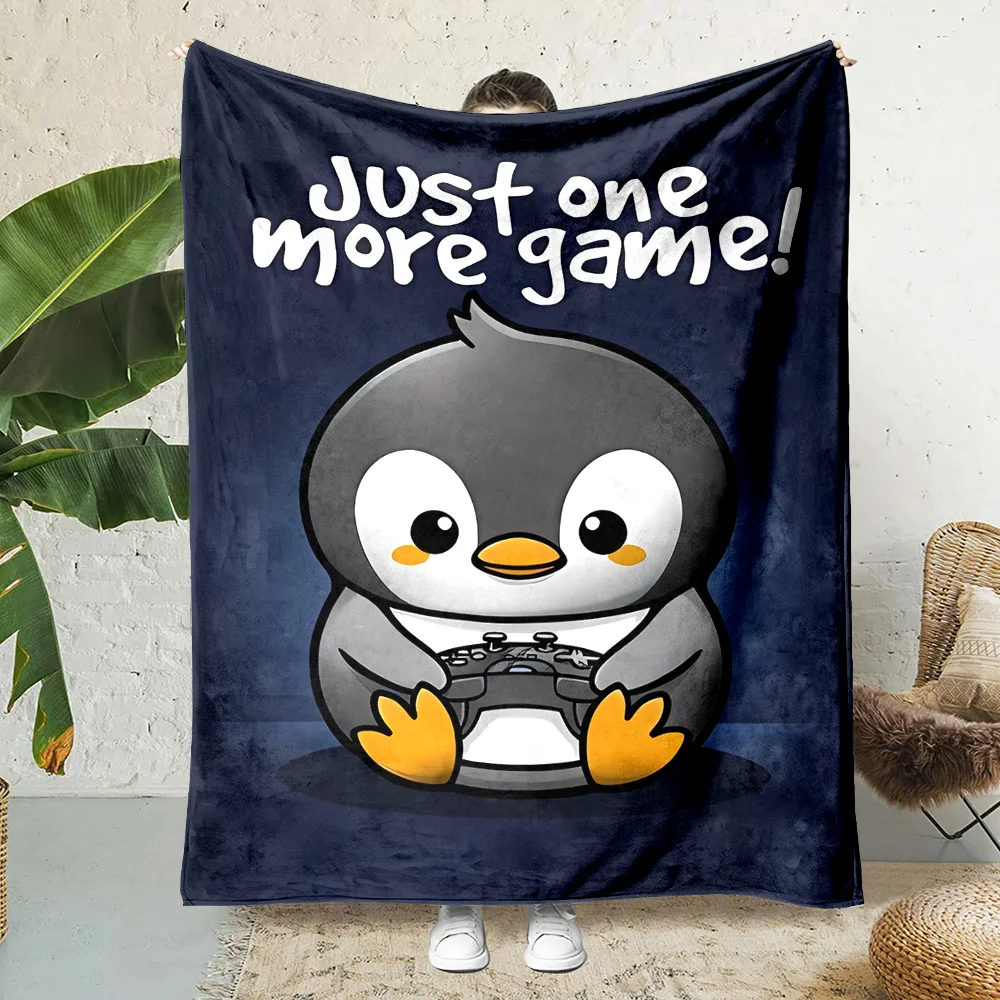 1pc, Cartoon Penguin Gaming Print, All-Season Reversible Flannel Fleece Throw Blanket, 200-250g Polyester, Contemporary Style, N