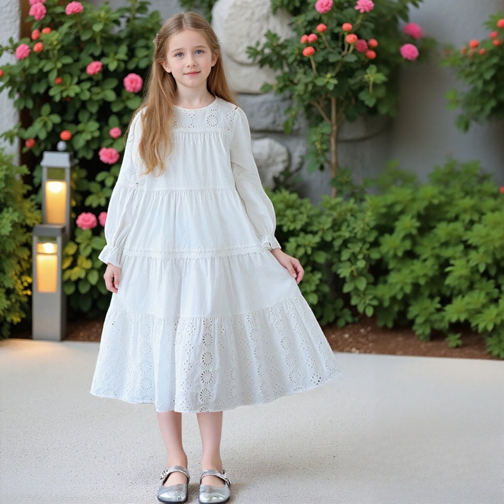 2026 Spring Long Sleeve Princess Dress for Girls White Lace Trim Hollow Out Birthday Parties Dress for Teen School Kids Clothes
