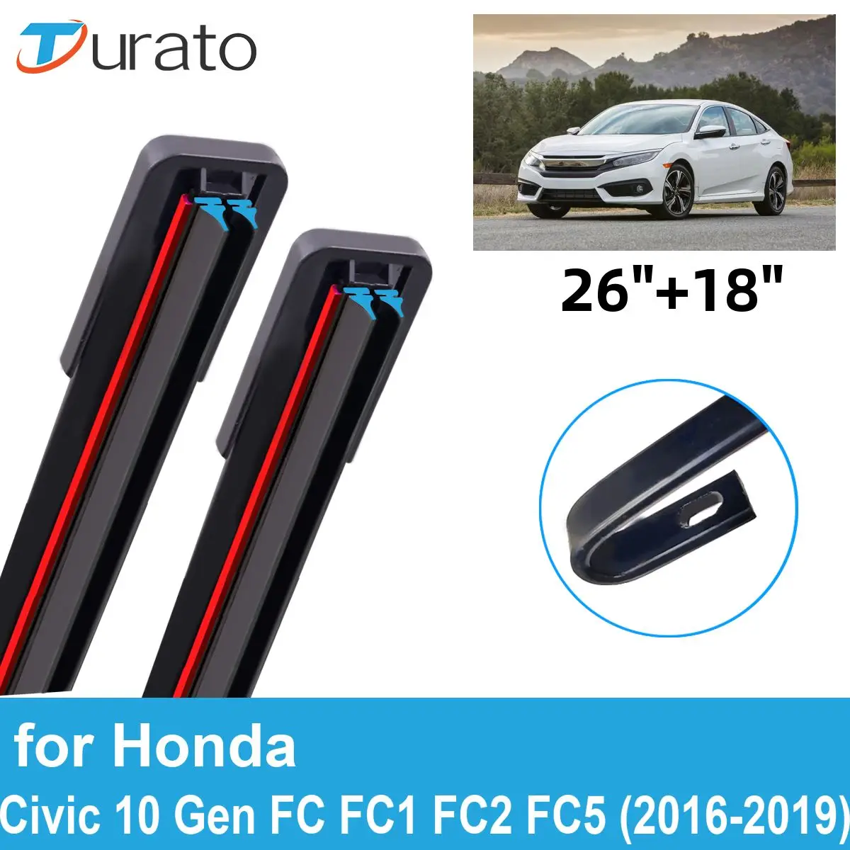 2PCS Car Wiper Blades for 2016-2019 Honda Civic 10 Gen FC FC1 FC2 FC5 Front Windscreen Windshield Double Rubber Car Accessories