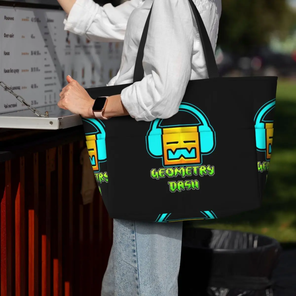 Geometry Dash Game Music Cute Geometric Beach Tote Bag Sport Gym Yoga Duffle Large Tote Bag Women Travel Bag Fitness bag
