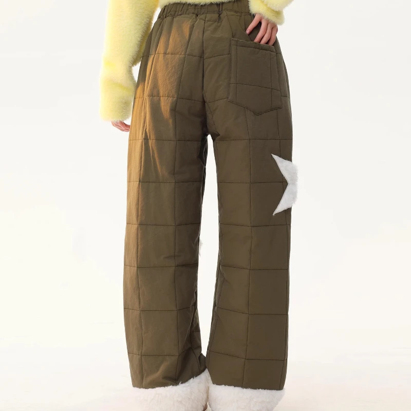 الأمريكية الرجعية رقيق الربط ستار التطريز المرأة سراويل قطنية 2025 شتاء جديد عالية الخصر عادية مستقيم بنطلون السيدات