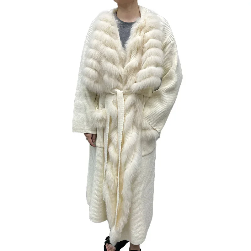 New Coming Fox Fur Collar Trim Women Sweater Winter Elegent Cardigan