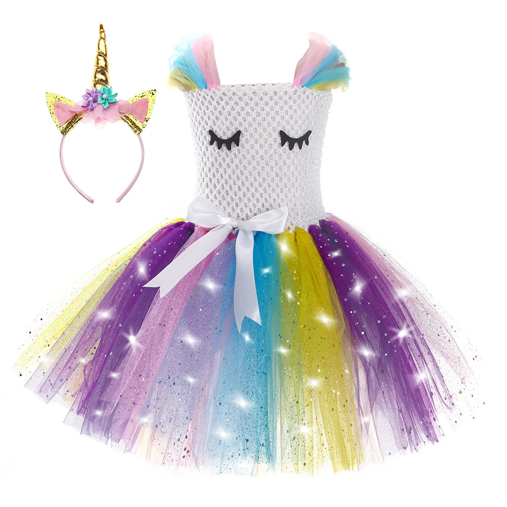 

Girl Unicorn Dresses For Girls Tutu Princess Party Dresses With LED Lights Flower Birthday Party Cosplay Costume Girls Clothing