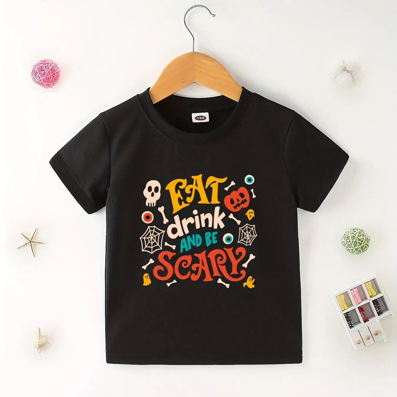 

Summer Kids T-Shirt 100% Cotton with 'Eat, Drink, and Be Scary' Print - Perfect for Boys Girls Casual Wear Comfortable Stylish