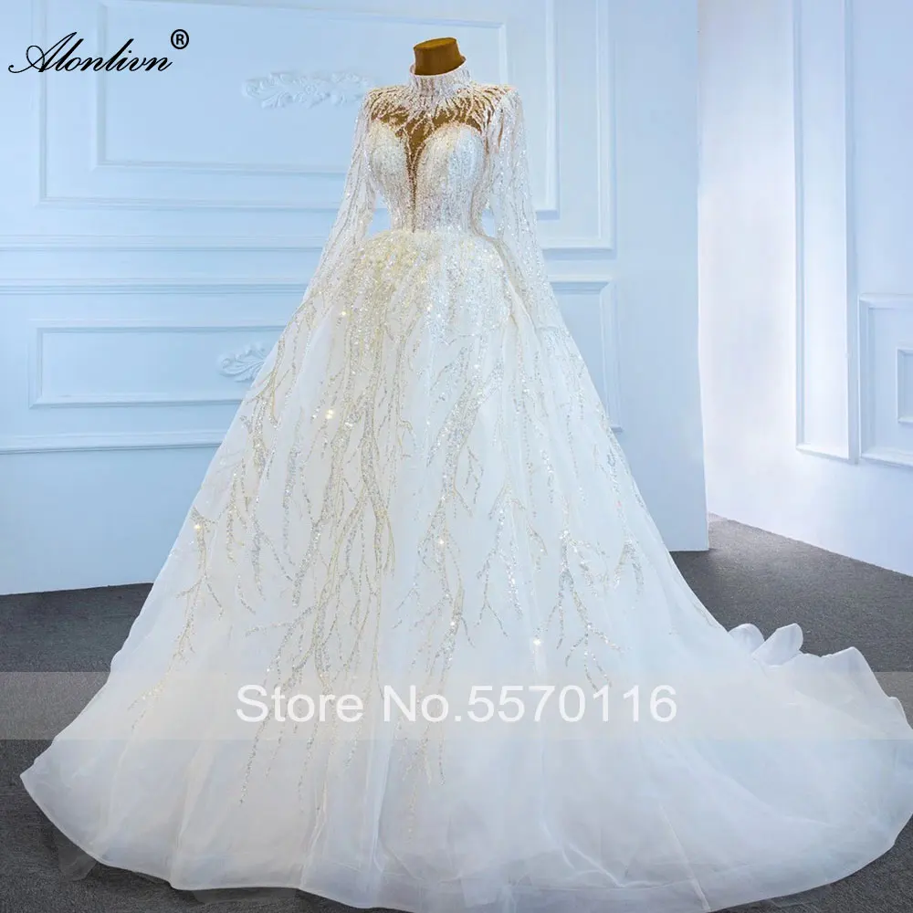 Alonlivn luxo bling decote alto de uma linha vestido de casamento princesa apliques brilhantes mangas completas nupcial dess