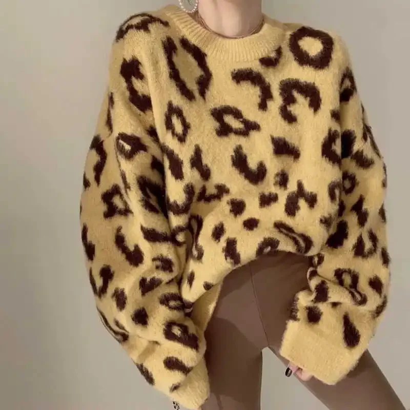 

Autumn Winter Loose Top Tee Sweater Long Sleeve All-match Knitting Warm New Pullovers Women Clothes Trend Leopard Soft Top Tee