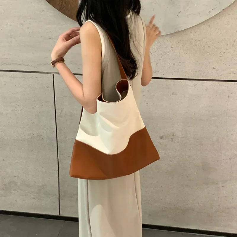 Contrast Color Lazy Style Shoulder Handbag 2024 New Style Crossbody Large Bag Casual Large Capacity Versatile Shopping Bag