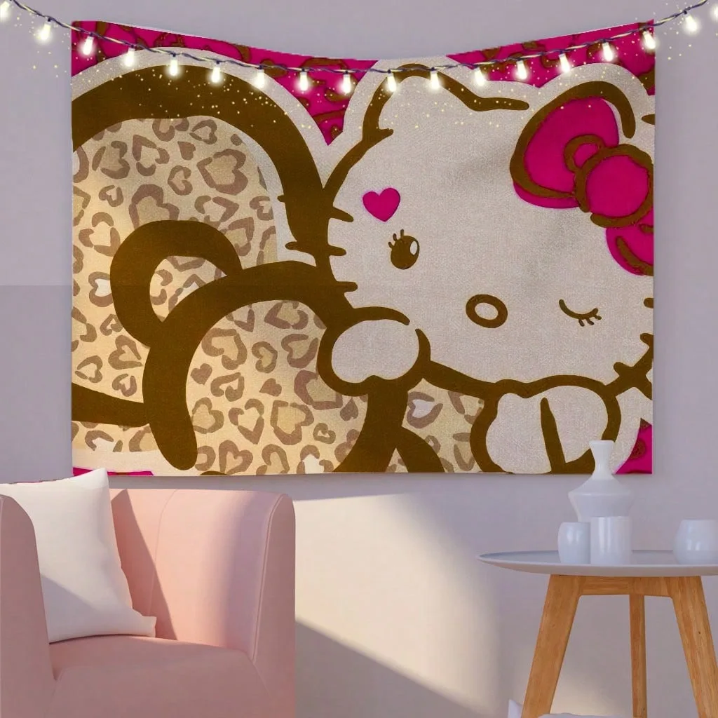MINISO Sanrio Hello Kitty Pink Kawaii Tapestry Modern Polyester Wall Art Living Room Bedroom Decor Gift for Kitty Fans