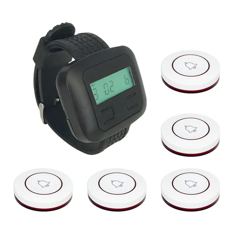 A84X-Wireless Restaurant Calling System 5Table Call Button Transmitters 1Watch Pager, Restaurant Waiter Service Bell Buzzer